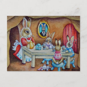 Bunny Rabbit Family Hot Cocoa Break Waterverf Art Briefkaart