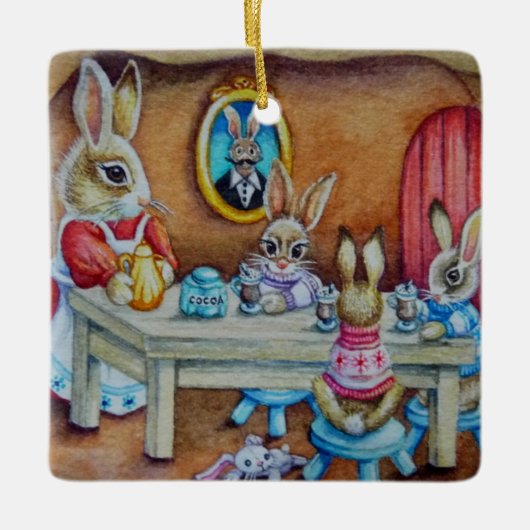 Bunny Rabbit Family Hot Cocoa Break Waterverf Art Keramisch Ornament (Voorkant)