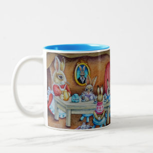 Bunny Rabbit Family Hot Cocoa Break Waterverf Art Tweekleurige Koffiemok