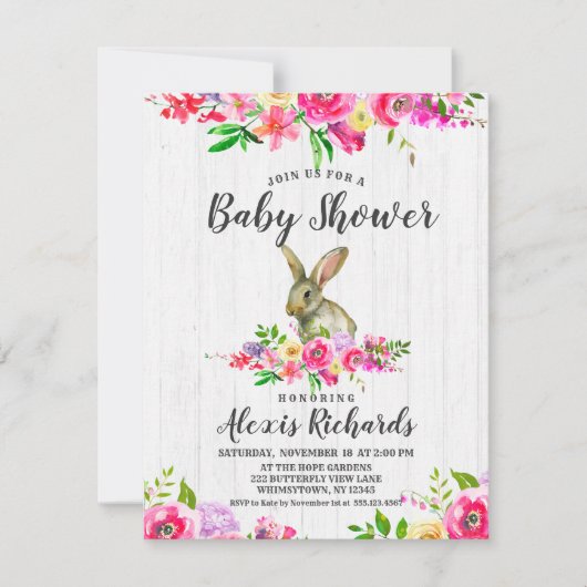 Bunny Rabbit Floral Baby Girl Uitnodiging (Voorkant)