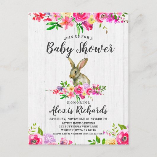 Bunny Rabbit Floral Baby Girl Uitnodiging (Voorkant)