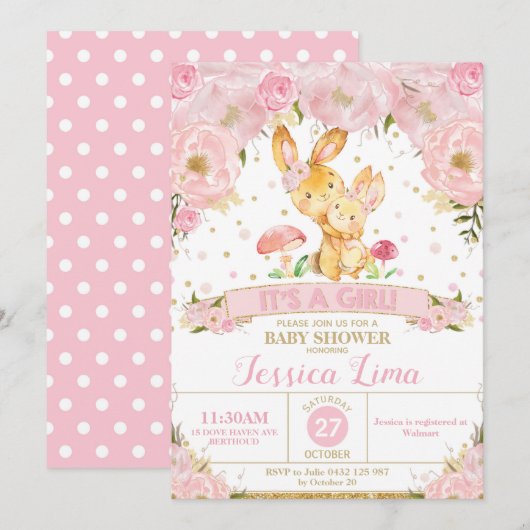 Bunny Rabbit Floral Baby shower Invitation Girl Kaart (Voorkant / Achterkant)