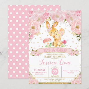 Bunny Rabbit Floral Baby shower Invitation Girl Kaart
