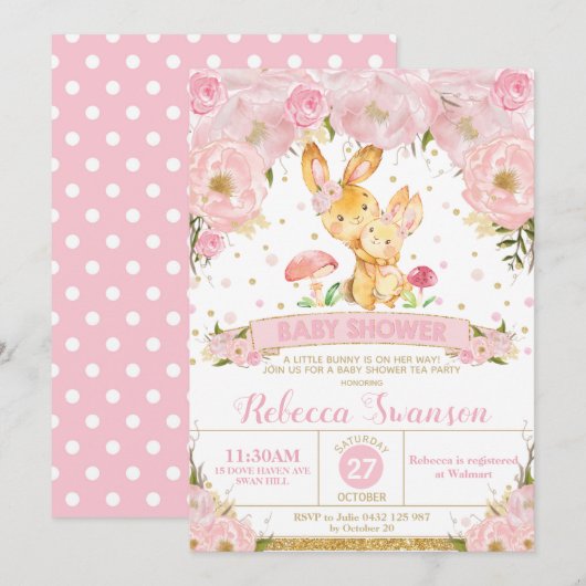 Bunny Rabbit Floral Baby shower Invitation Girl Kaart (Voorkant / Achterkant)