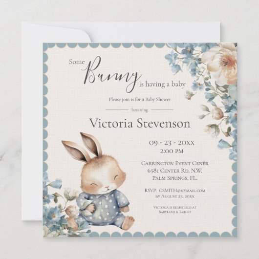 Bunny Rabbit Floral Blue Baby shower (Voorkant)