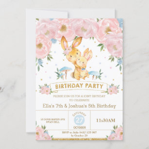 Bunny Rabbit Floral Joint Birthday Zuster Brother Kaart
