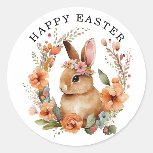 Bunny Rabbit Floral Krans Pasen Ronde Sticker (Voorkant)