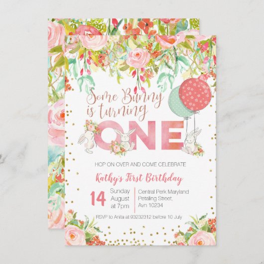 Bunny Rabbit Garden Birthday Party Invitation Kaart (Voorkant / Achterkant)