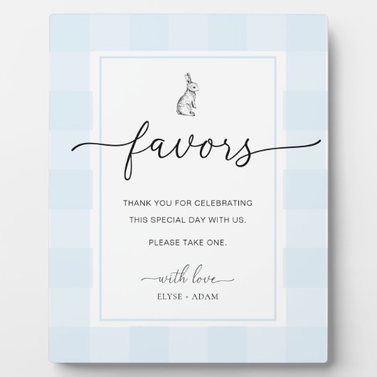 Bunny Rabbit Gingham Blue Gingham Favors Sign Fotoplaat (Voorkant)