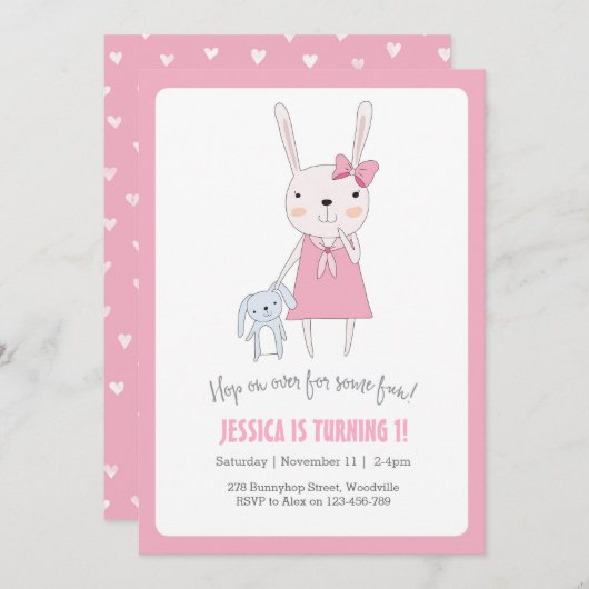 Bunny Rabbit Girl Birthday Uitnodiging (Voorkant / Achterkant)