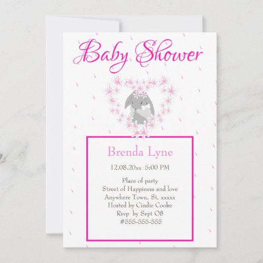 Bunny Rabbit Girl Pink Baby shower uitnodiging Pos (Voorkant)