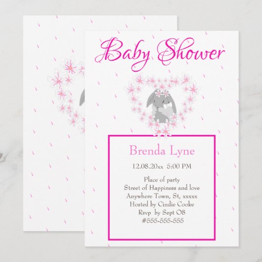 Bunny Rabbit Girl Pink Baby shower uitnodiging Pos (Voorkant / Achterkant)