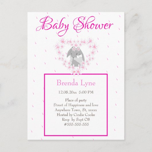 Bunny Rabbit Girl Pink Baby shower uitnodiging Pos (Voorkant)