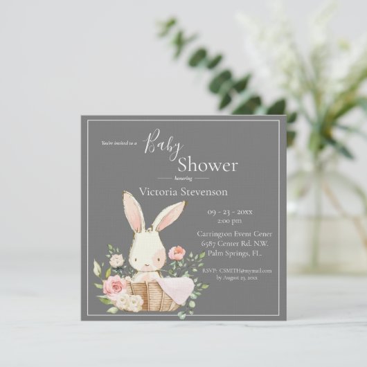 Bunny Rabbit Gray Baby shower Invitation (Staand voorkant)