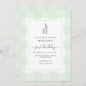 Bunny Rabbit Green Gingham 1st Birthday Invitation Kaart (Voorkant / Achterkant)