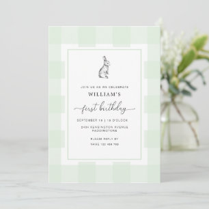 Bunny Rabbit Green Gingham 1st Birthday Invitation Kaart