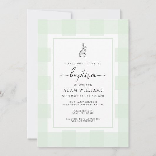 Bunny Rabbit Green Gingham Baptism Invitation Kaart (Voorkant)