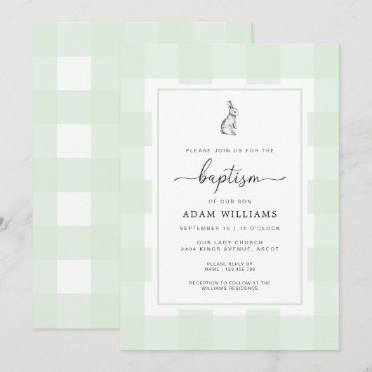 Bunny Rabbit Green Gingham Baptism Invitation Kaart (Voorkant / Achterkant)
