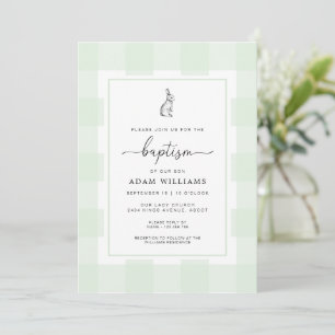 Bunny Rabbit Green Gingham Baptism Invitation Kaart