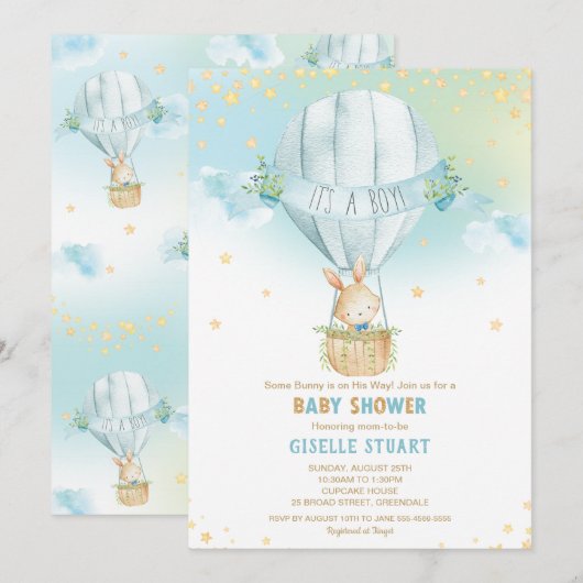 Bunny Rabbit Hot Air Balloon Baby shower Boy Kaart (Voorkant / Achterkant)