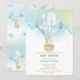 Bunny Rabbit Hot Air Balloon Baby shower Boy Kaart