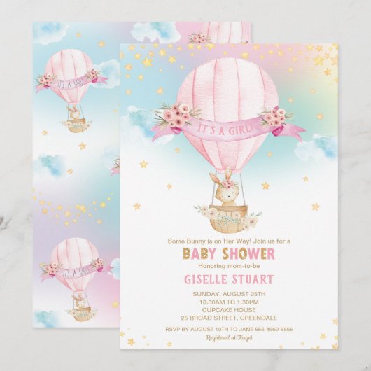 Bunny Rabbit Hot Air Balloon Baby shower Girl Kaart (Voorkant / Achterkant)