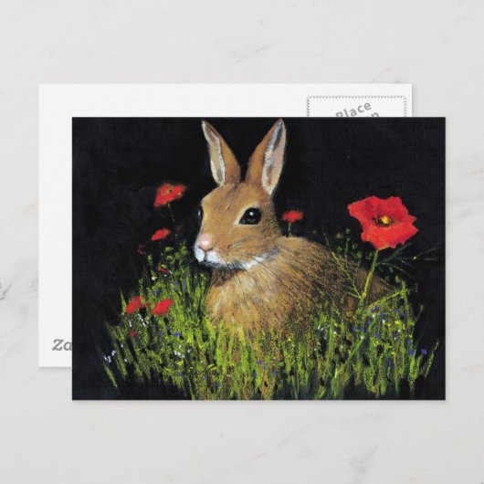 BUNNY RABBIT IN OLIEPASTEL OP ZWART BRIEFKAART (Voorkant / Achterkant)