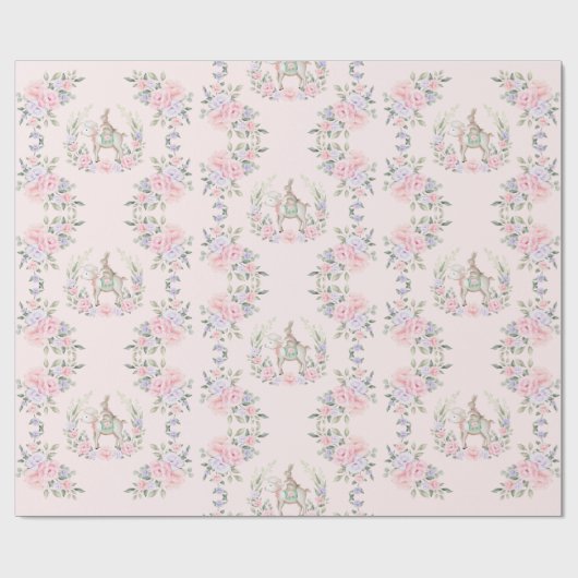 Bunny Rabbit & Lamb Pink Paarse Floral Paaskaart Cadeaupapier (Vlak)