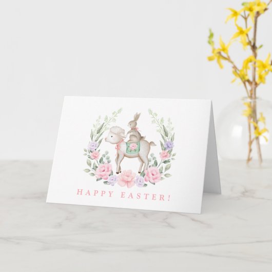 Bunny Rabbit & Lamb Roze Paarse Bloemen Pasen Kaart (Gele Bloem)