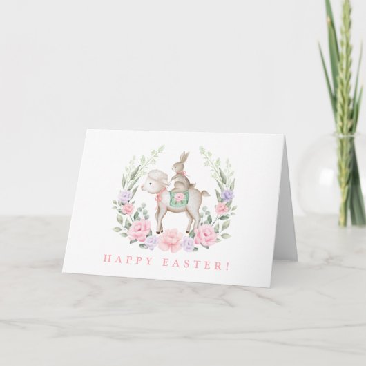 Bunny Rabbit & Lamb Roze Paarse Bloemen Pasen Kaart (Voorkant)