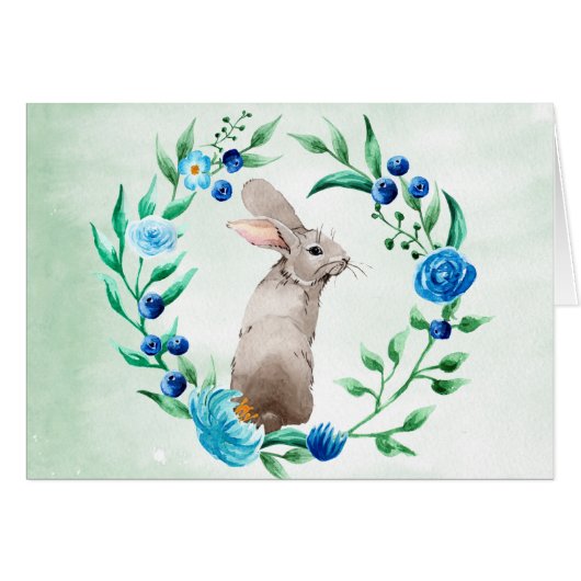 Bunny Rabbit met Blue Floral Wreath Note Kaart (Voorkant Horizontaal)
