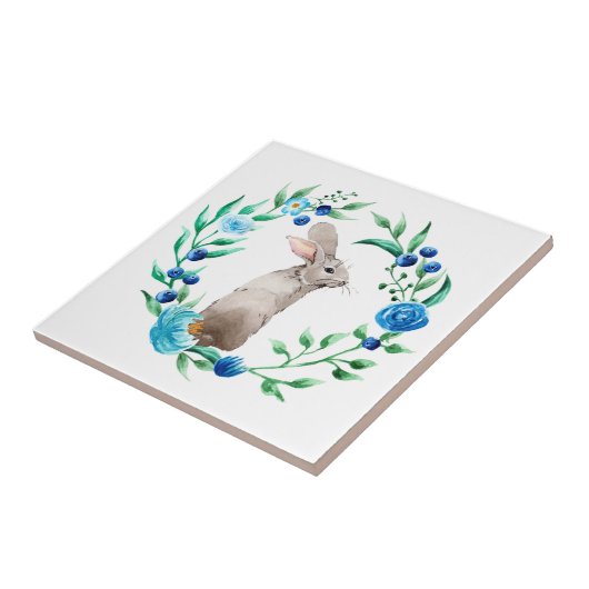 Bunny Rabbit met Blue Floral Wreath Tegeltje (Zijkant)