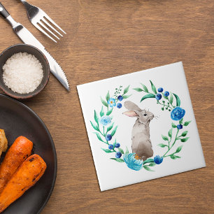 Bunny Rabbit met Blue Floral Wreath Tegeltje