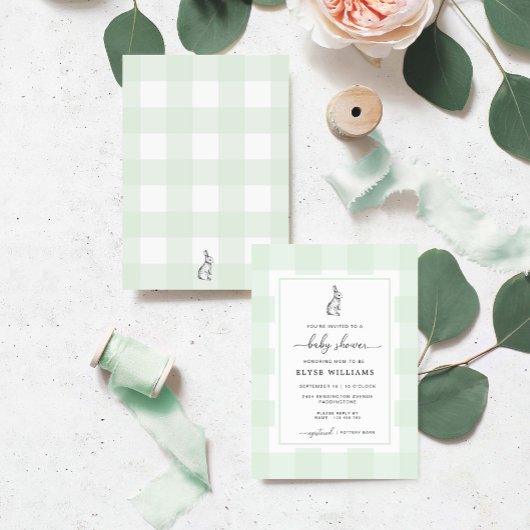 Bunny Rabbit Mint Green Gingham Baby shower Kaart