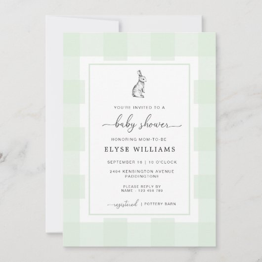 Bunny Rabbit Mint Green Gingham Baby shower Kaart (Voorkant)