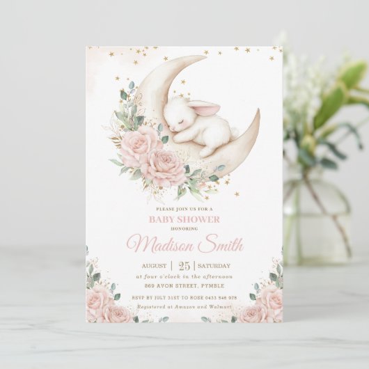 Bunny Rabbit Moon Pink Blush Floral Baby shower Kaart (Staand voorkant)