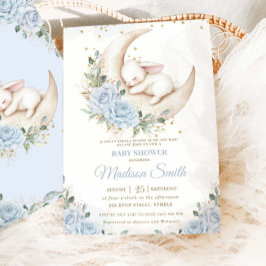 Bunny Rabbit Moon Soft Blue Floral Boy Baby shower Kaart