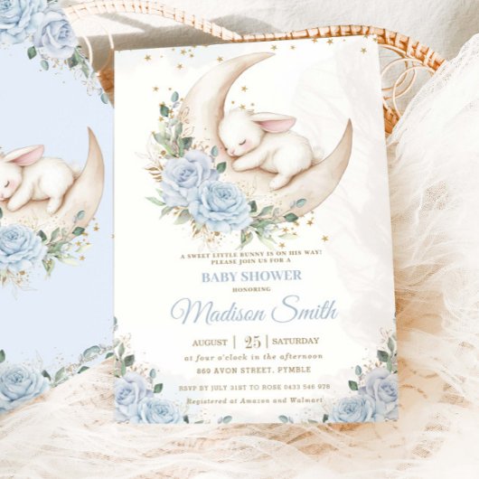 Bunny Rabbit Moon Soft Blue Floral Boy Baby shower Kaart