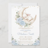 Bunny Rabbit Moon Soft Blue Floral Boy Baby shower Kaart (Voorkant)