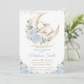 Bunny Rabbit Moon Soft Blue Floral Boy Baby shower Kaart (Staand voorkant)
