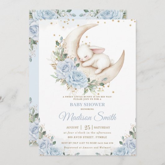 Bunny Rabbit Moon Soft Blue Floral Boy Baby shower Kaart (Voorkant / Achterkant)