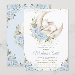 Bunny Rabbit Moon Soft Blue Floral Boy Baby shower Kaart
