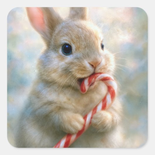 Bunny Rabbit Nibbling On a Candy Cane Vierkante Sticker (Voorkant)