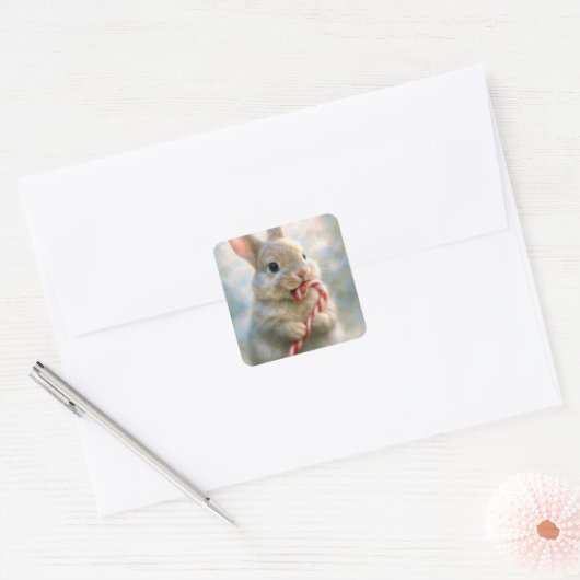 Bunny Rabbit Nibbling On a Candy Cane Vierkante Sticker (Envelop)