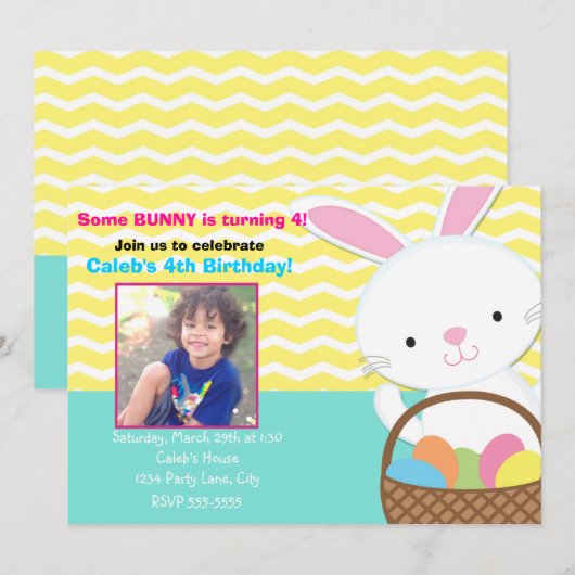 Bunny Rabbit Pasen Verjaardag Foto Uitnodiging (Voorkant / Achterkant)