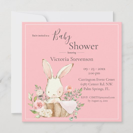 Bunny Rabbit Pink Baby shower Uitnodiging (Voorkant)