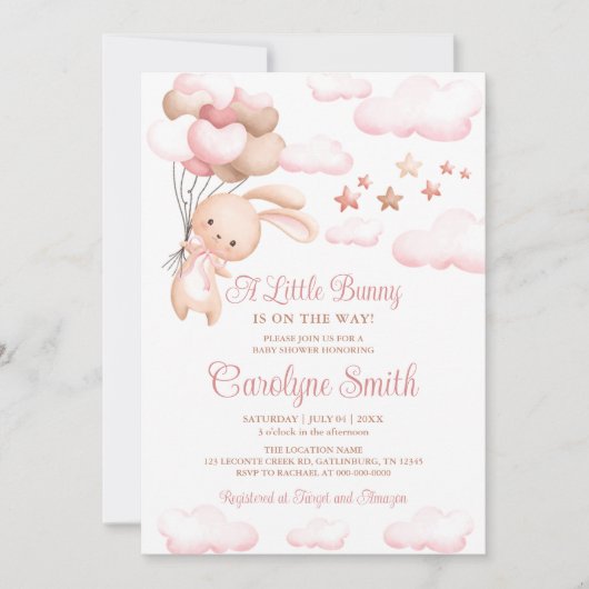 Bunny Rabbit Pink Balloon Baby shower Uitnodiging (Voorkant)