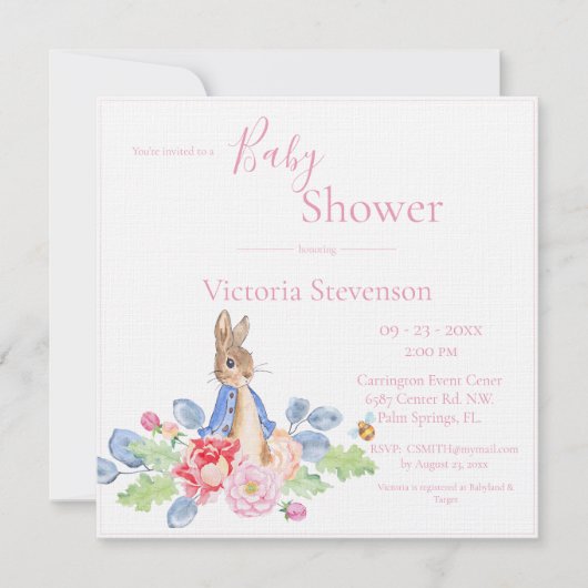 Bunny Rabbit Pink Floral Baby shower Uitnodiging (Voorkant)