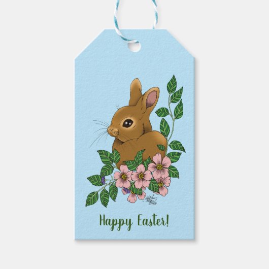Bunny Rabbit Pink Flowers Cadeaulabel (Voorkant)