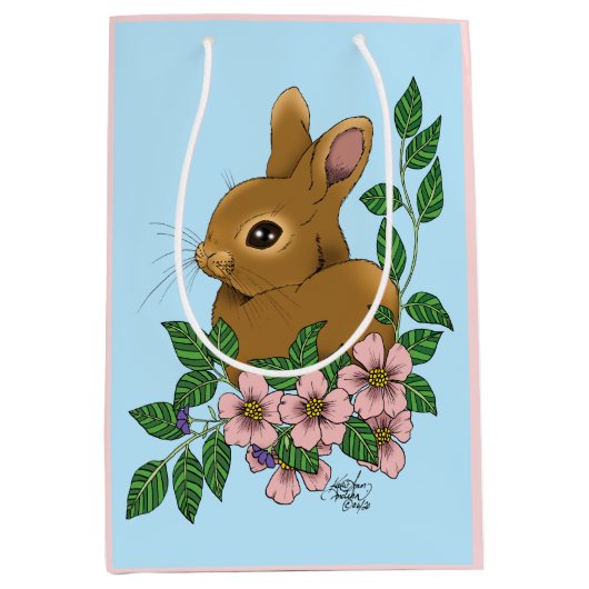 Bunny Rabbit Pink Flowers Medium Cadeauzakje (Voorkant)